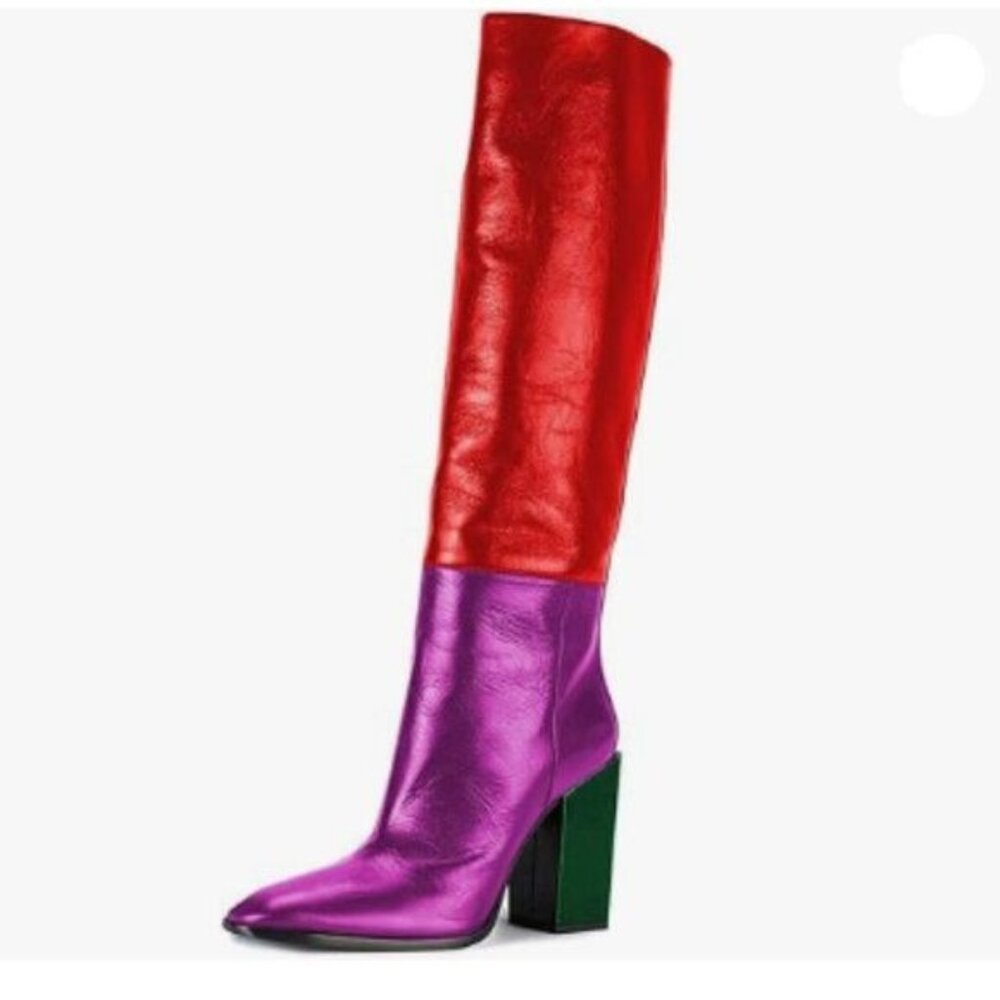 FSJ Red Purple Knee High Stretch Round Toe Block Chunky Pull On Shoes